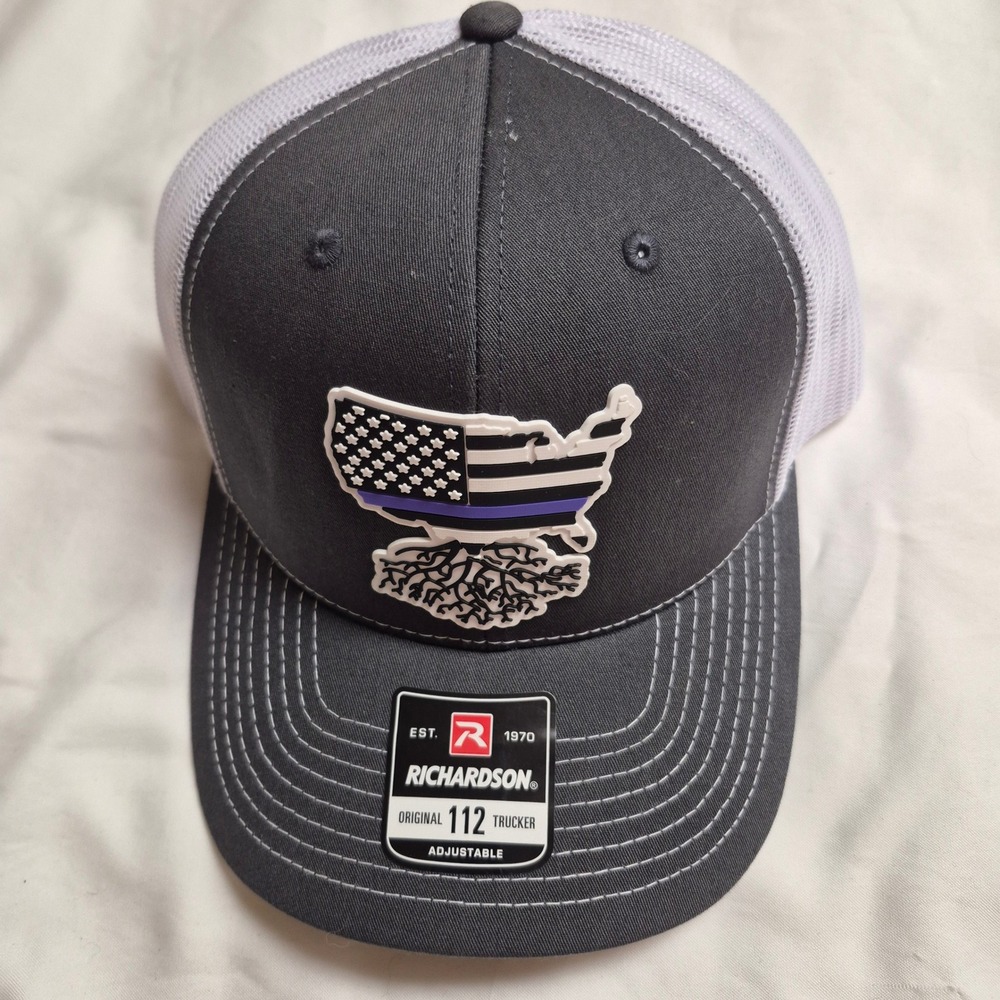 Richardson 112 WYR Thin Blue Line USA Roots Trucker Hat Charcoal White Snapback